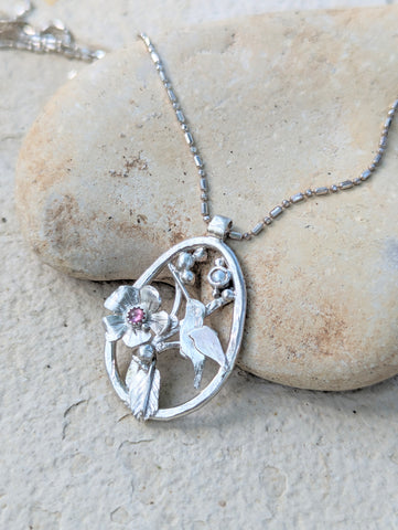 Humming Bird Garnet Flower Necklace